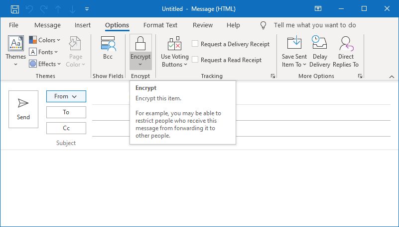 Интерфейс Outlook: опция шифрования и запрета пересылки