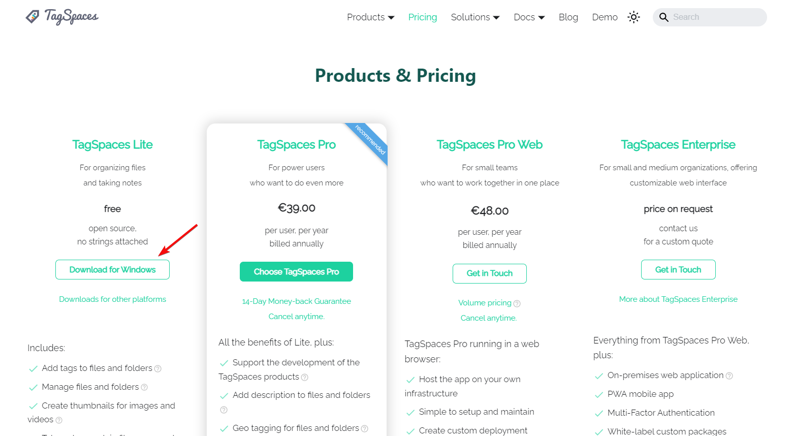 Кнопка загрузки TagSpaces для Windows