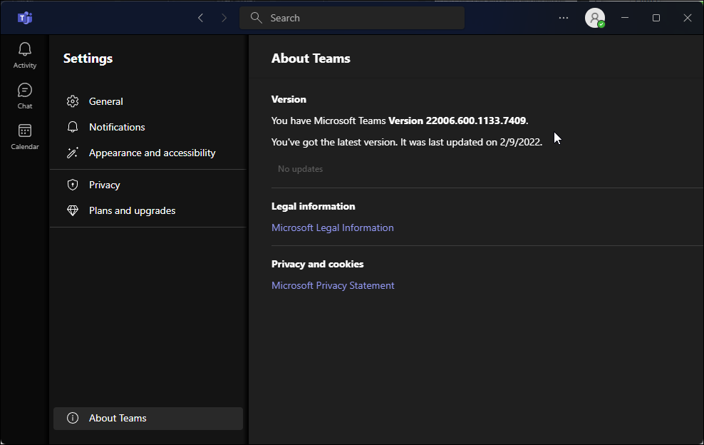 Обновление Microsoft Teams в настройках приложения