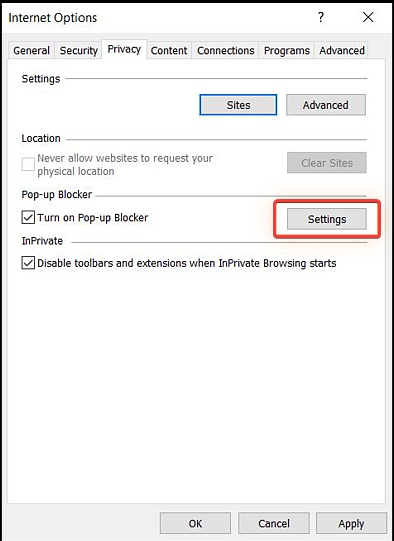 Окно настроек блокировщика Pop-up Blocker Settings