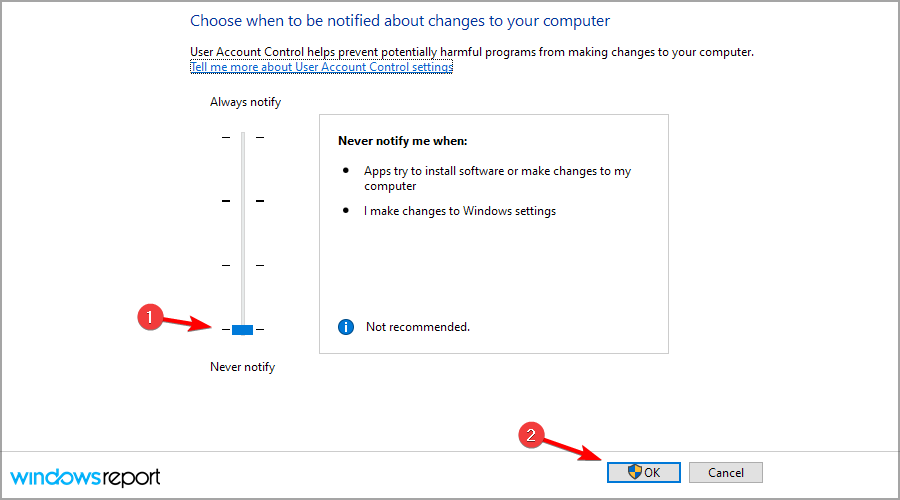 Ползунок UAC установлен в положение Никогда не уведомлять