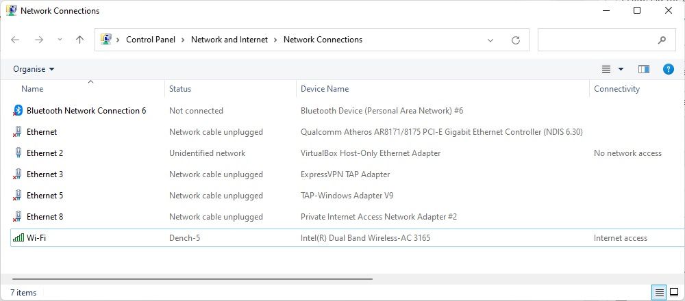папка сетевых подключений в Windows