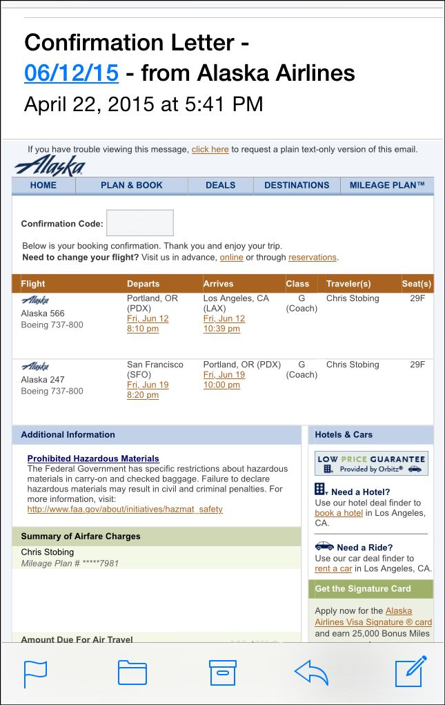Письмо с подтверждением брони и кнопкой Web Check‑In