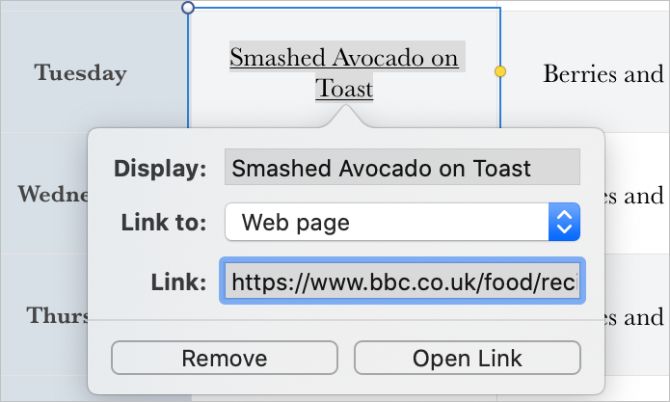 Окно Добавить ссылку в Numbers