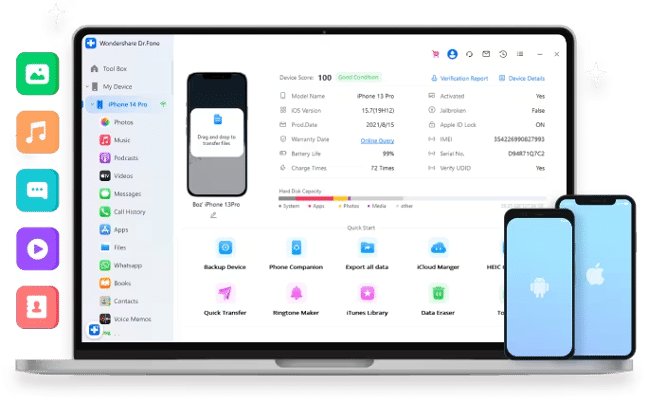 Интерфейс Dr.Fone для выбора резервного копирования — экран программы на ПК