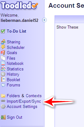 Кнопка Import/Export/Sync в сайдбаре Toodledo