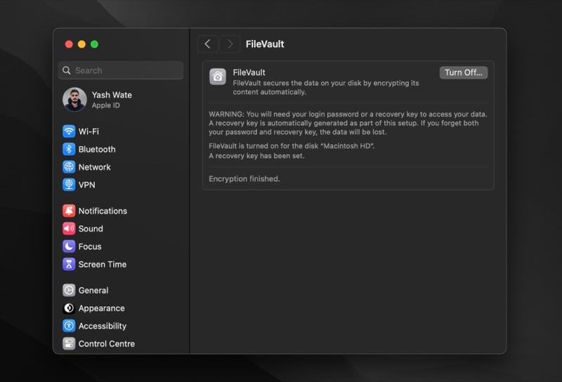 отключение FileVault в macOS