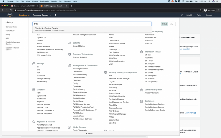 Поиск SNS в сервисах AWS