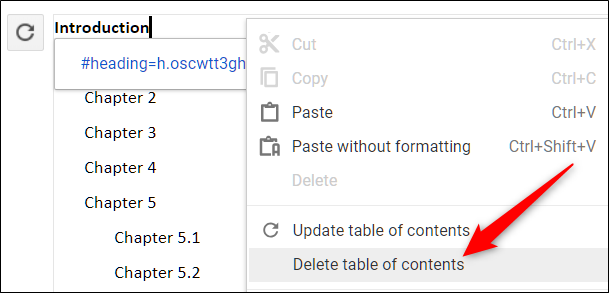 Контекстное меню для удаления оглавления
