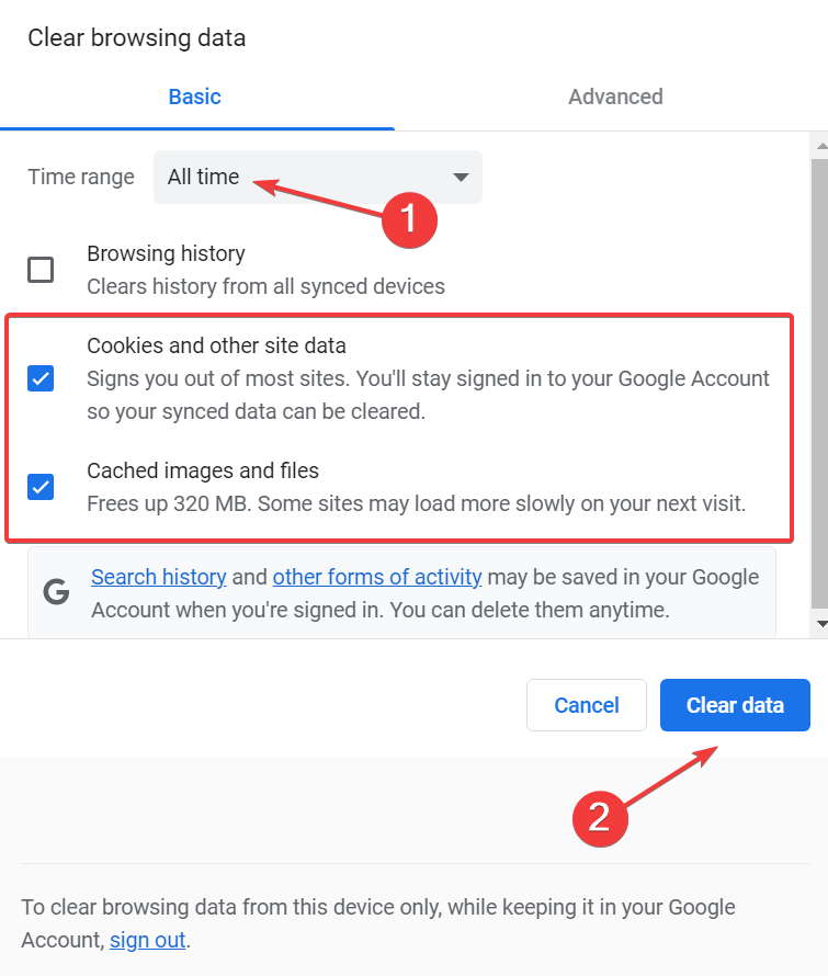 Окно очистки данных браузера