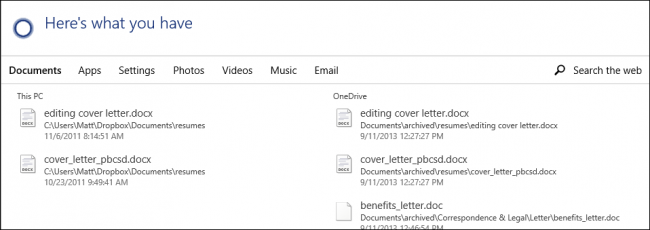 Кортана ищет файлы, но может не открывать их автоматически в ранних версиях