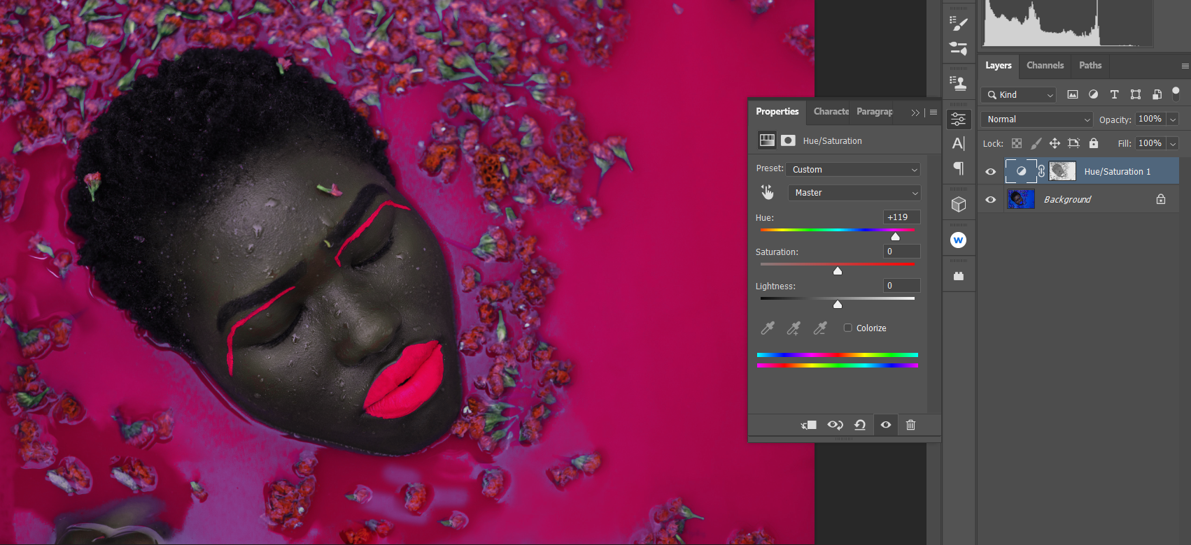 Настройте Hue на +119, чтобы увидеть эффект розового тона