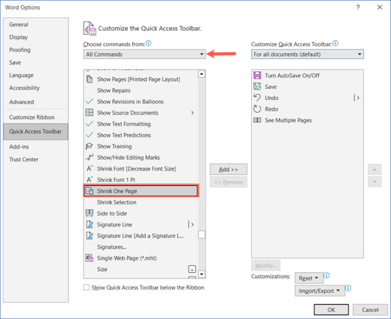 Опция Shrink One Page в списке команд Word на Windows