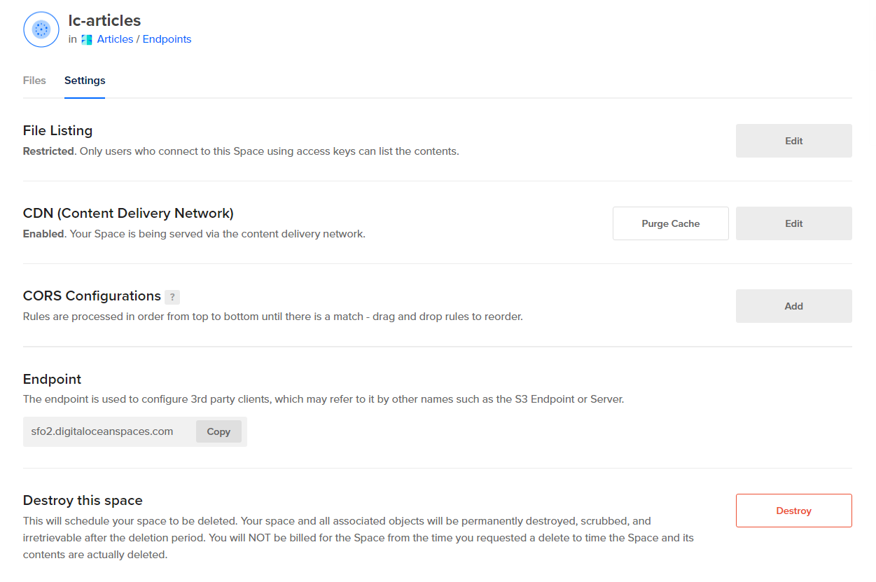 Настройки Space: очистка кеша и CORS