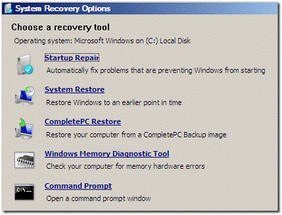 Диалог System Recovery Options — выбор Восстановления системы