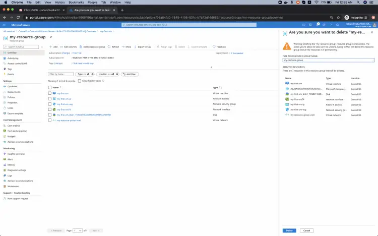 Окно подтверждения удаления Resource group в портале Azure