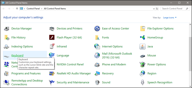 Снимок окна настроек клавиатуры в Windows