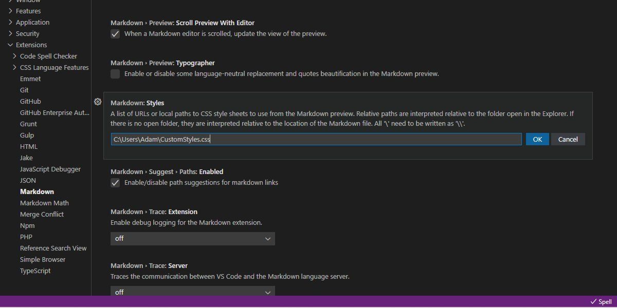 Меню Settings > Extensions > Markdown > Markdown: Styles в VSCode.