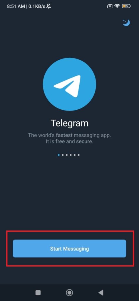 страница регистрации Telegram в приложении