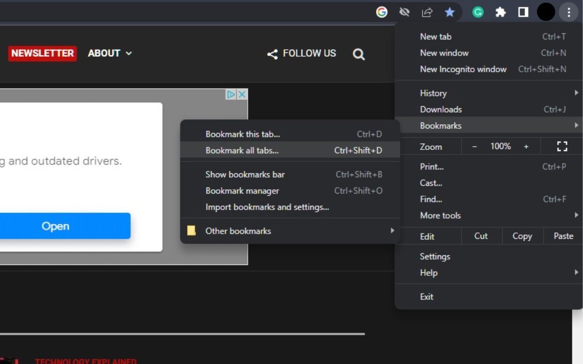 Снимок экрана контекстного меню Chrome с пунктом Добавить все вкладки в закладки