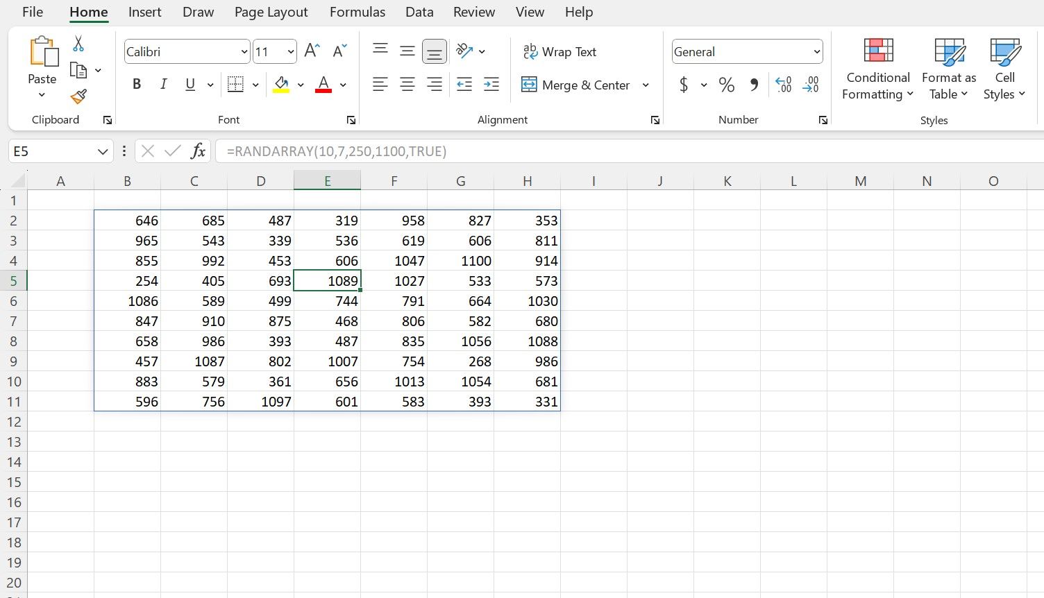 Пример функции массива в Excel