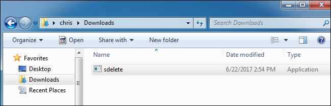 Окно распаковки sdelete.exe в папку Downloads