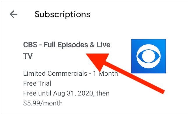 Выберите подписку CBS из списка подписок