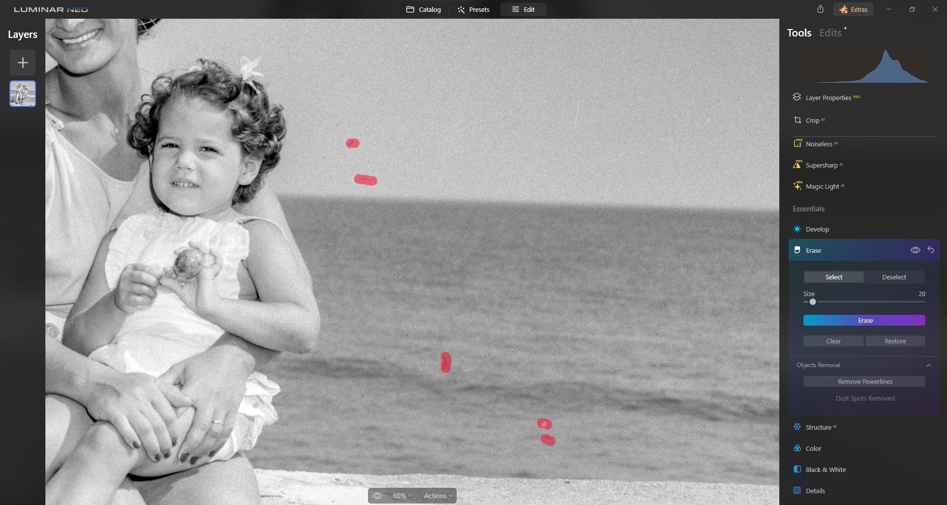 Инструмент «Стереть» в Luminar Neo — удаление пятен пыли