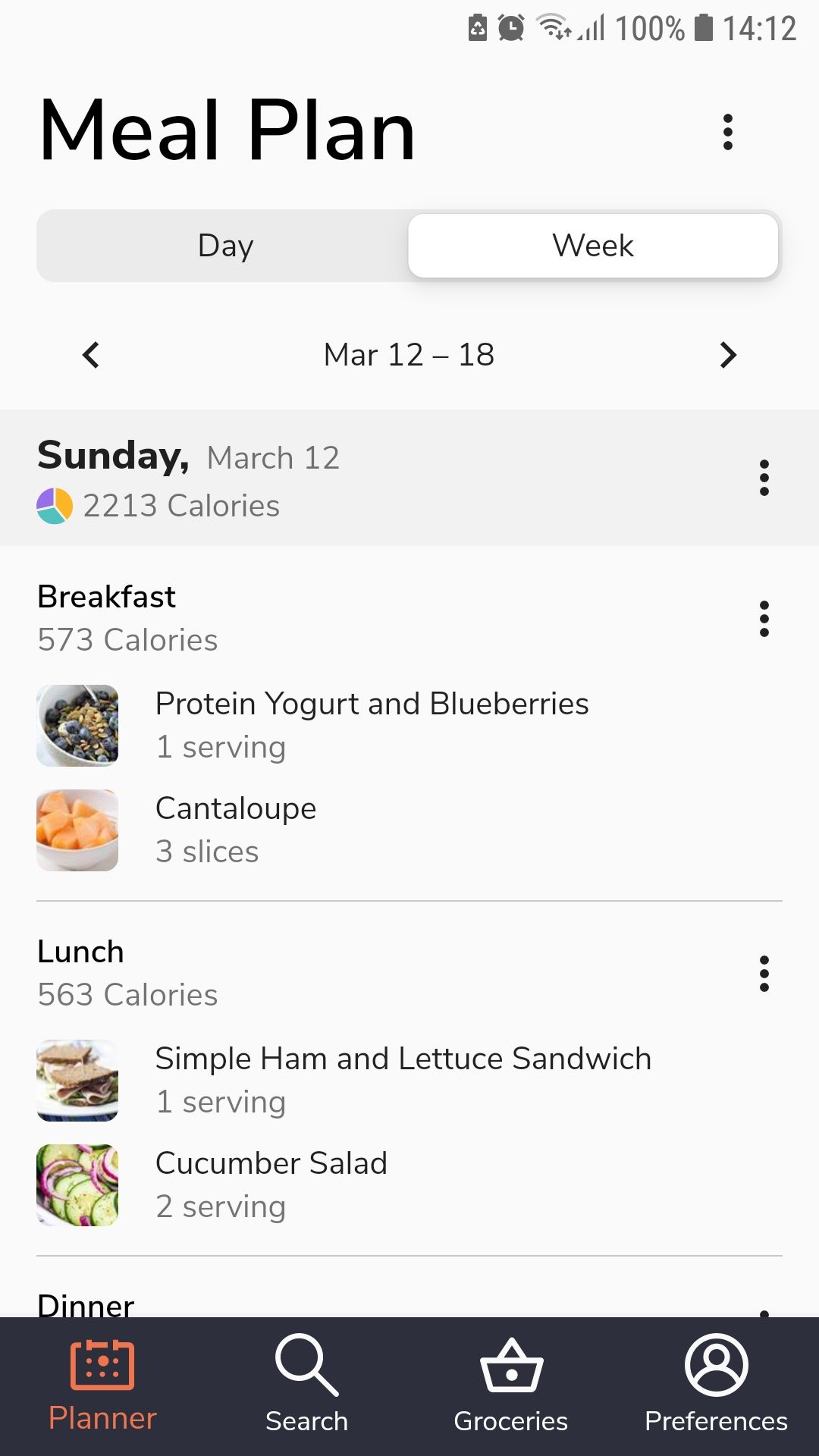 Экран недельного плана в приложении Eat This Much