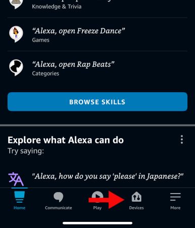 Нажмите «Устройства» в приложении Alexa