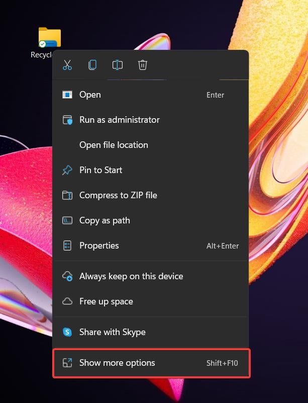 Контекстное меню: показать дополнительные параметры для ярлыка