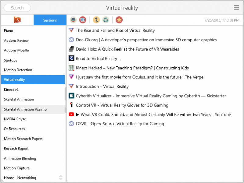 Screenshot von Session Sync mit gespeicherten Sitzungen