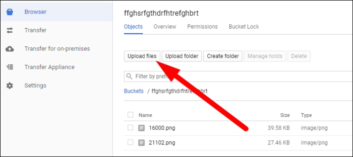 Загрузка файлов через консоль Google Cloud