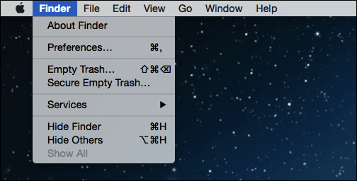 Пункт меню Finder для пустой корзины
