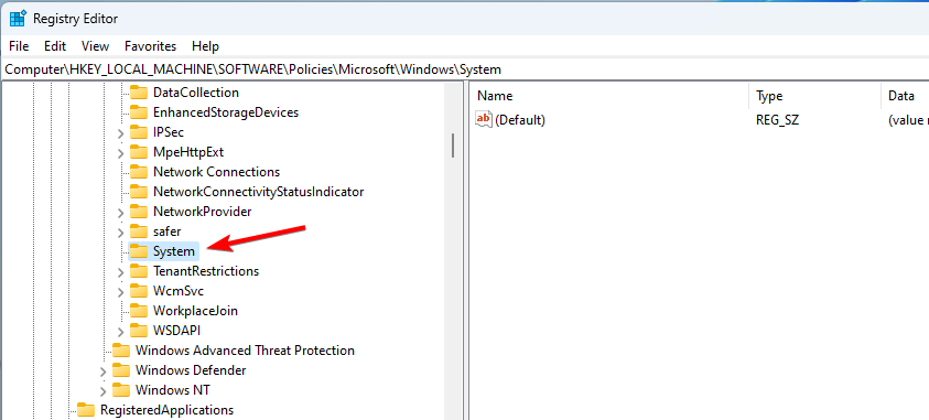 Навигация к ветке реестра HKEY_LOCAL_MACHINESOFTWAREPoliciesMicrosoftWindowsSystem