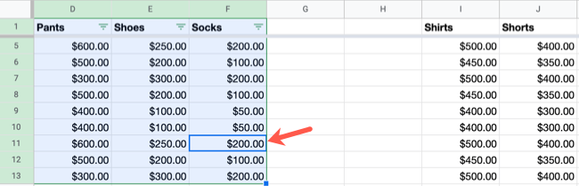 Выберите ячейку для области фильтра