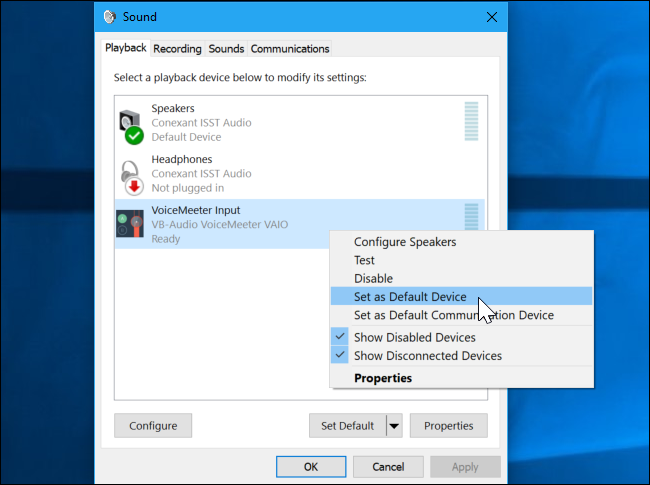 Выбор VoiceMeeter как устройства по умолчанию