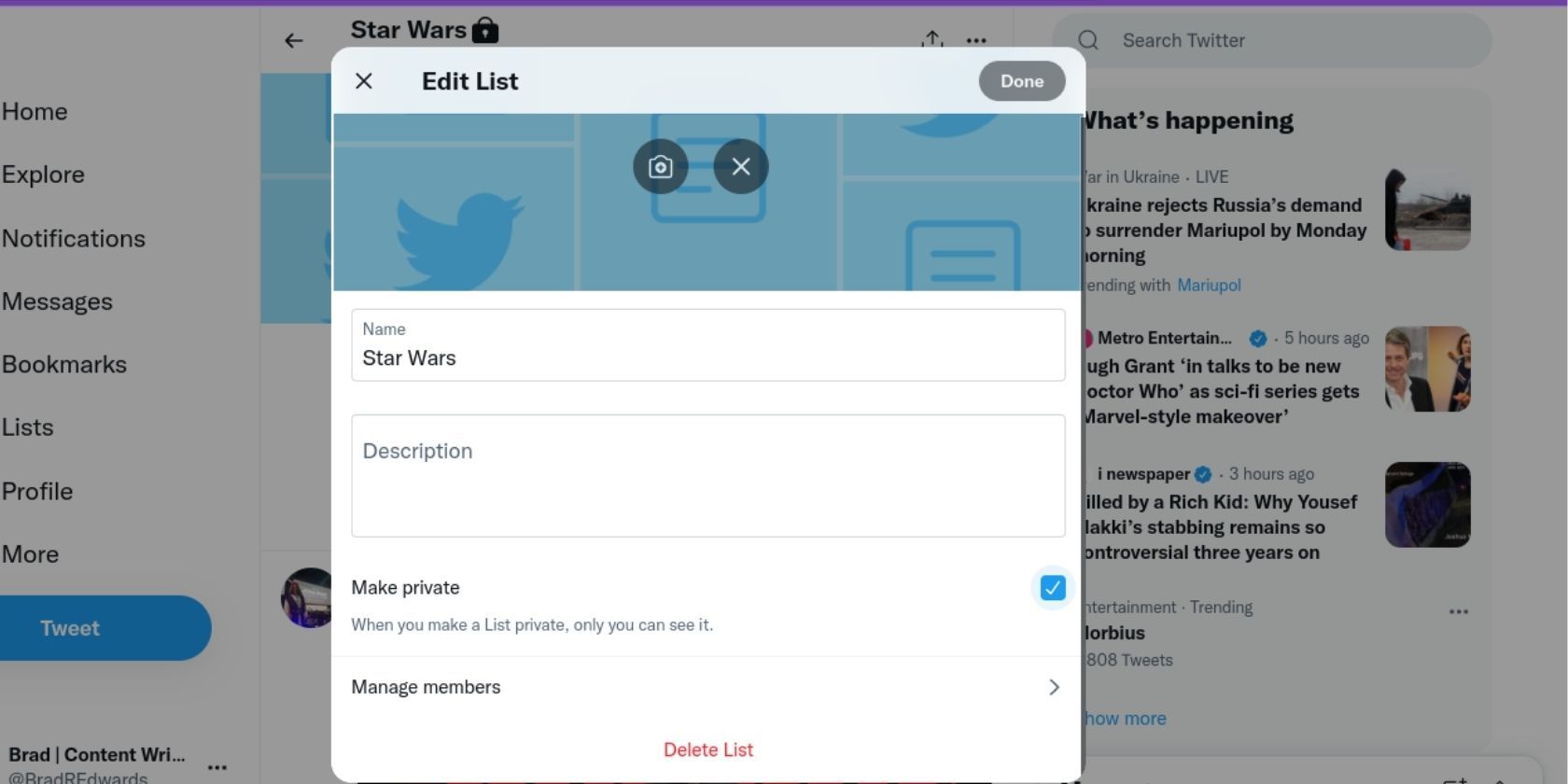 Диалог редактирования списка в Twitter с опцией сделать список приватным.