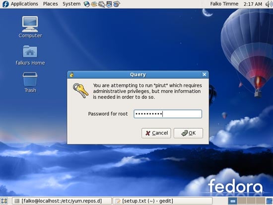Окно ввода root-пароля в Fedora