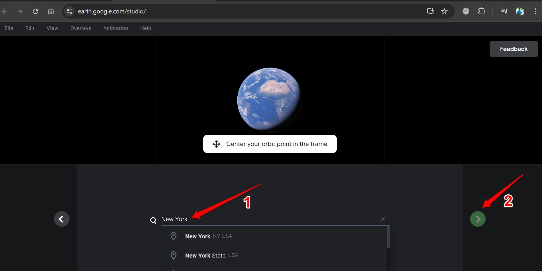 Выбор локации для съёмки в Earth Studio