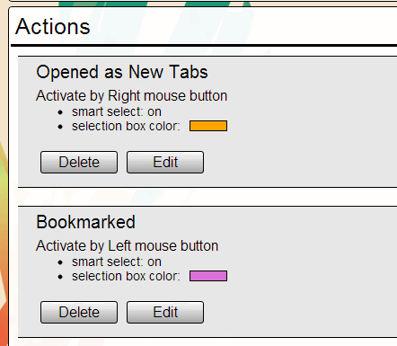 Настройки действий LinkClump: изменение кнопок и цвета