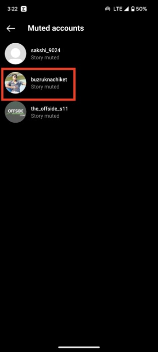perfil de uma conta silenciada na lista de contas silenciadas