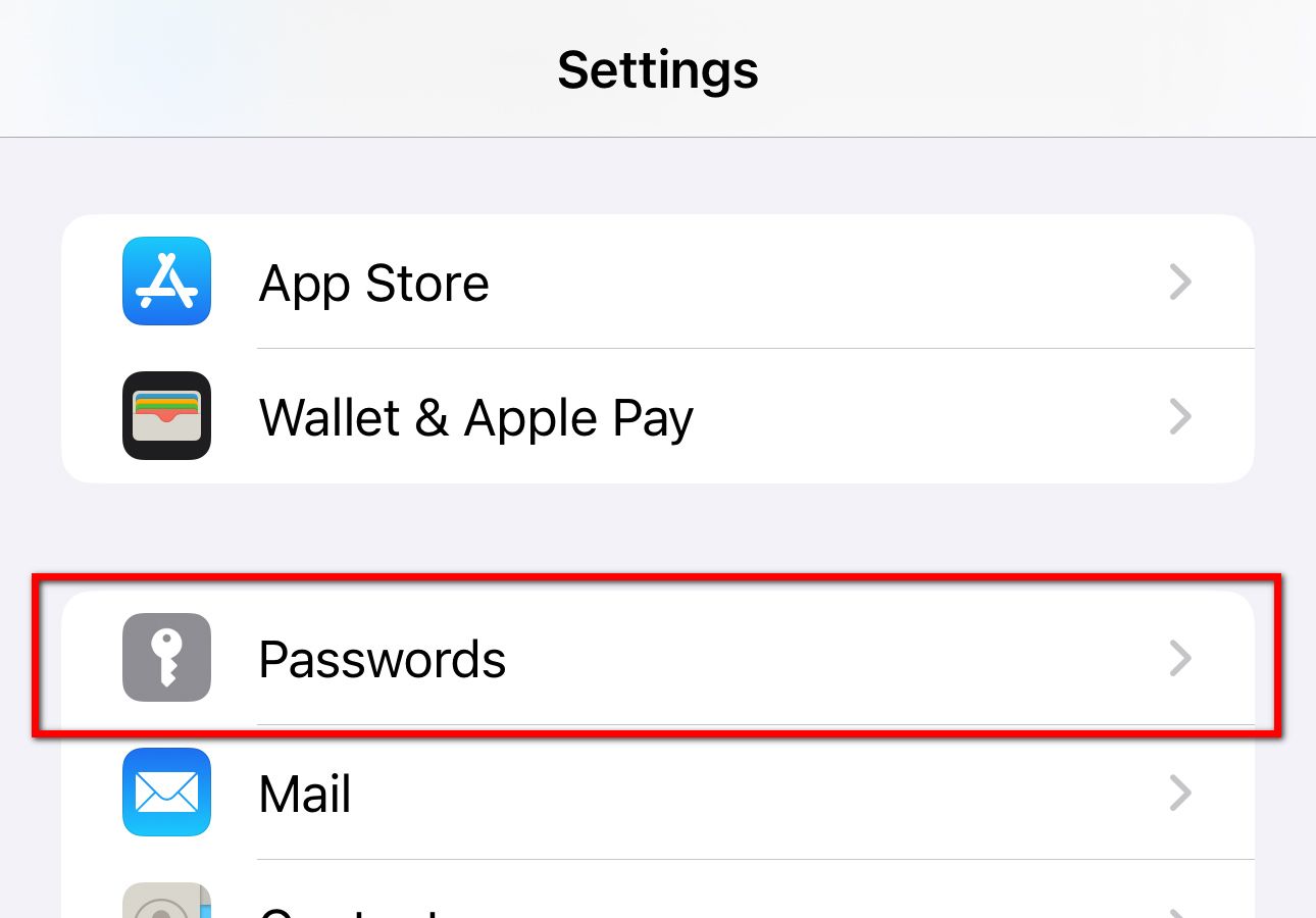 Пункт «Пароли» в меню Настроек iOS