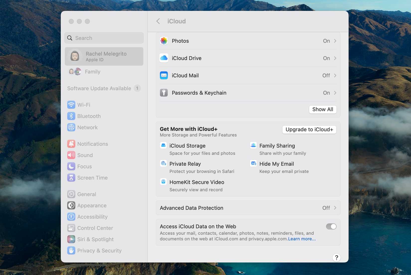 Окно на Mac с опцией обновления до iCloud+