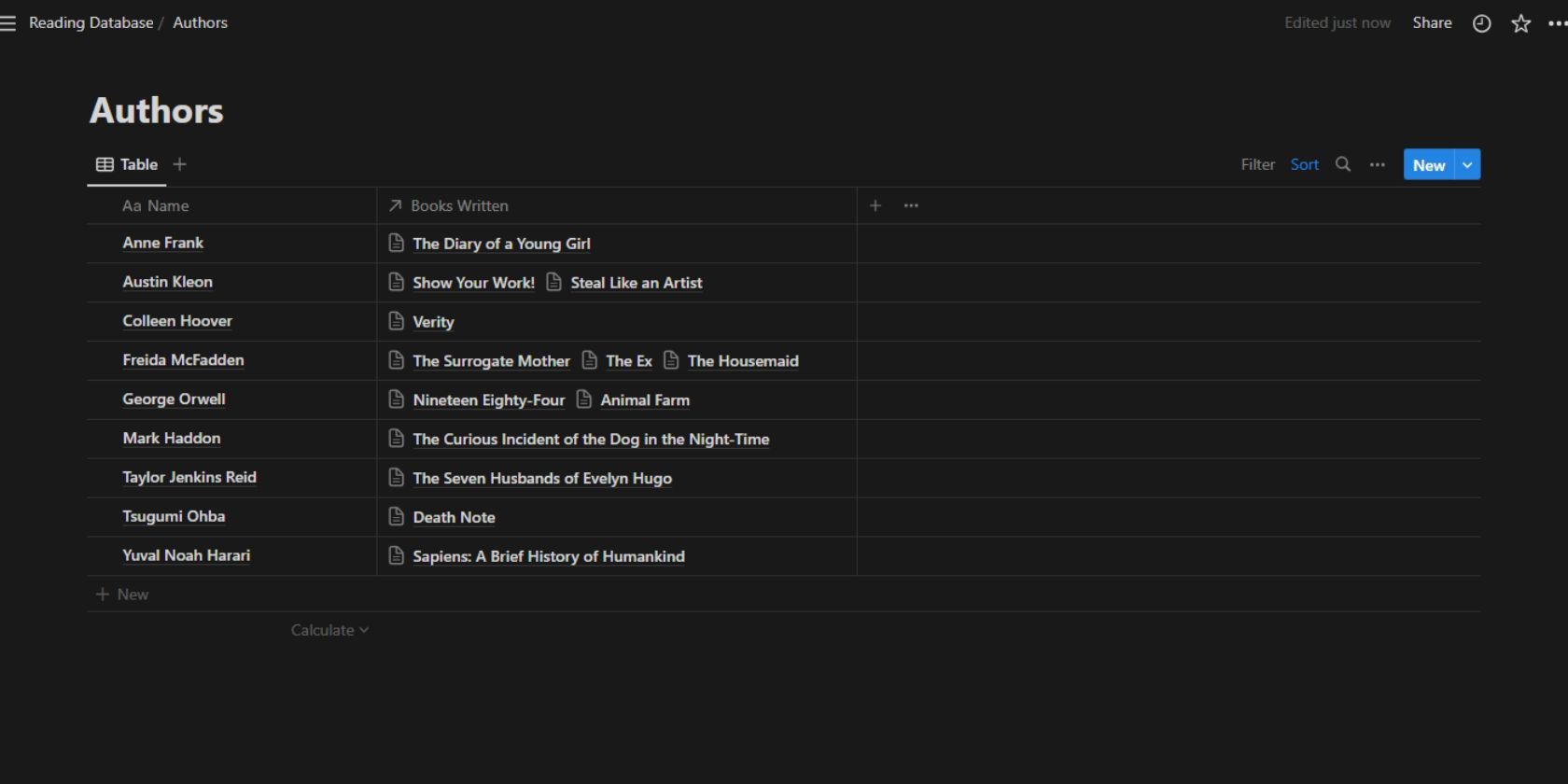 Скриншот Notion с базой авторов, заполненной данными из базы Книги