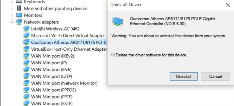 Network driver uninstall confirmation box
