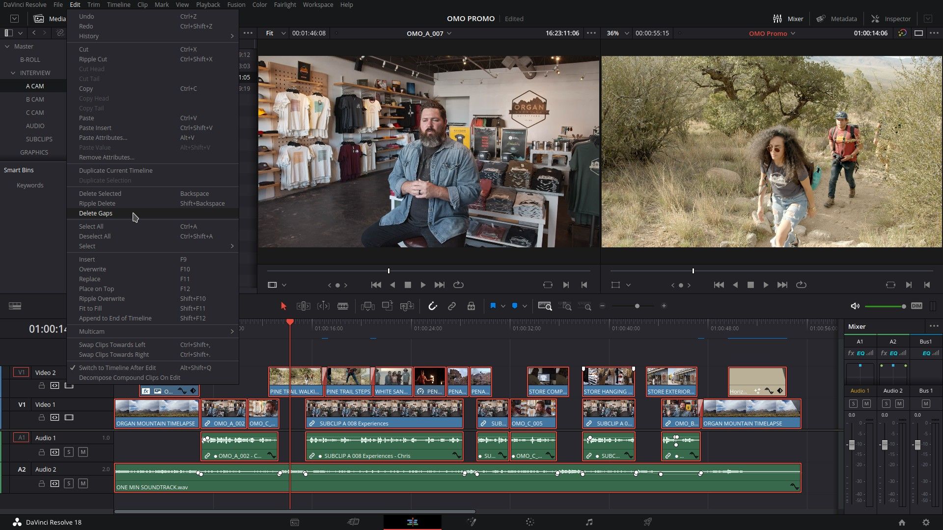 Кнопка удаления промежутков в DaVinci Resolve