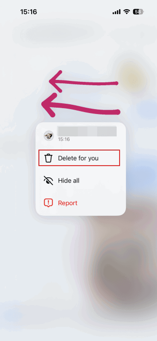 Выбор «Удалить у себя» при удалении рисунка в DM Instagram на iPhone