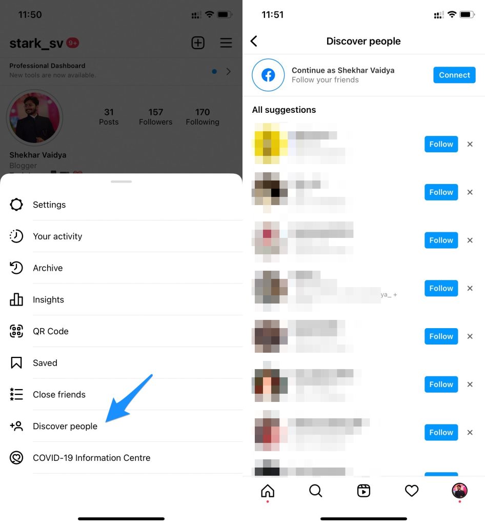 Список предложенных контактов в Instagram