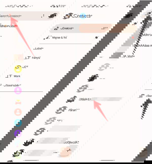 Корзина в Google Contacts на мобильном